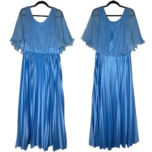 Vintage 70s Pleated Accordian Flutter Cape Maxi Dress Chiffon Gown Womens Blue